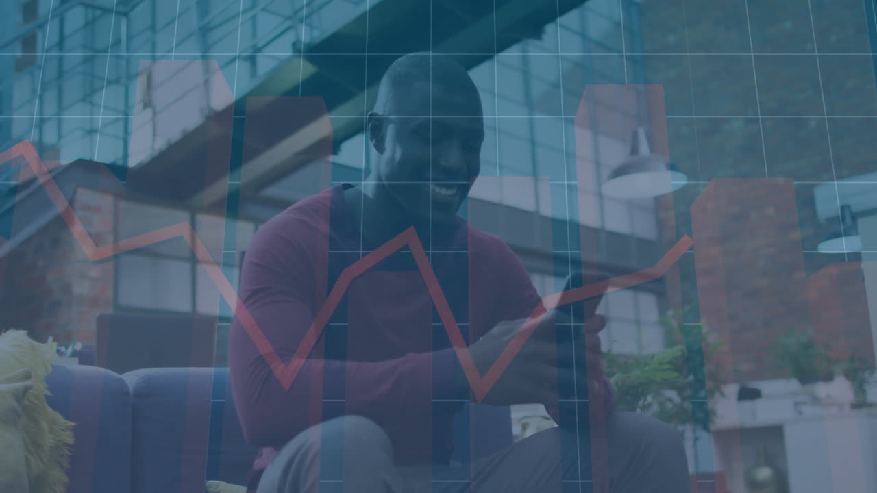 Animation of financial data processing over african american businessman using smartphone