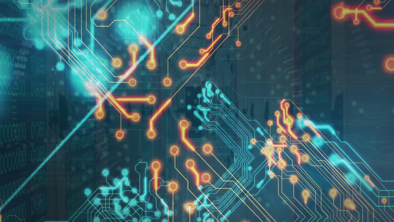 서버 방 위에 있는 컴퓨터 회로판의 애니메이션