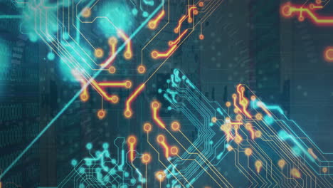 animación de la placa de circuitos de la computadora sobre la sala del servidor