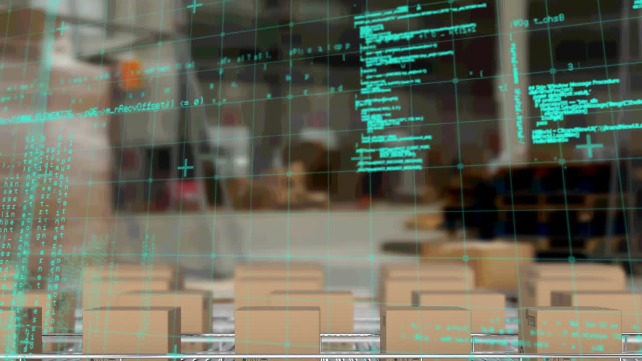 Animation af statistikbehandling over transportbånd med kasser.