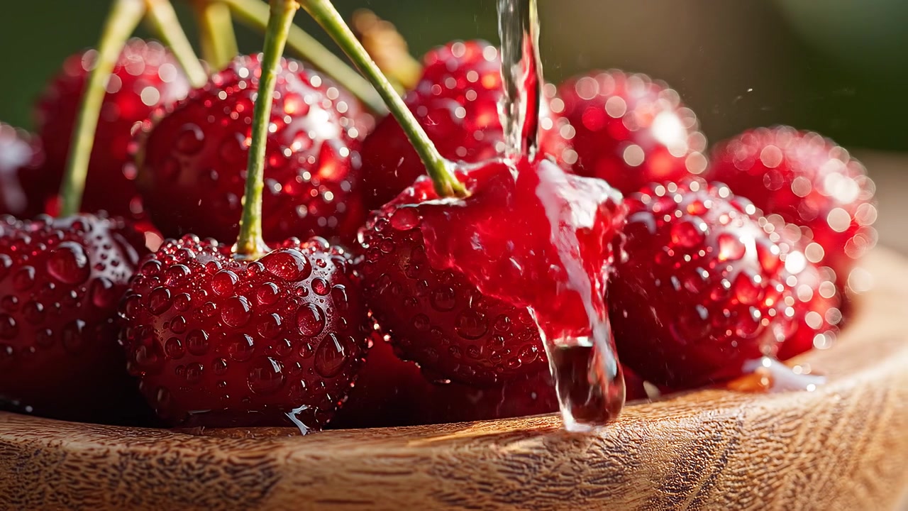 Ciliegie rosse fresche e mature con goccioline d'acqua in ciotola di legno