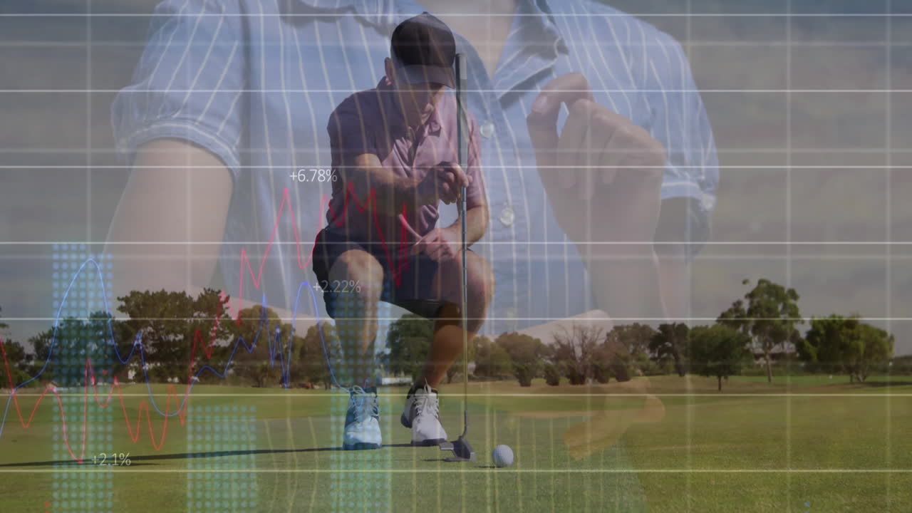 Preparing to putt, golfer with financial data animation overlay on screen
