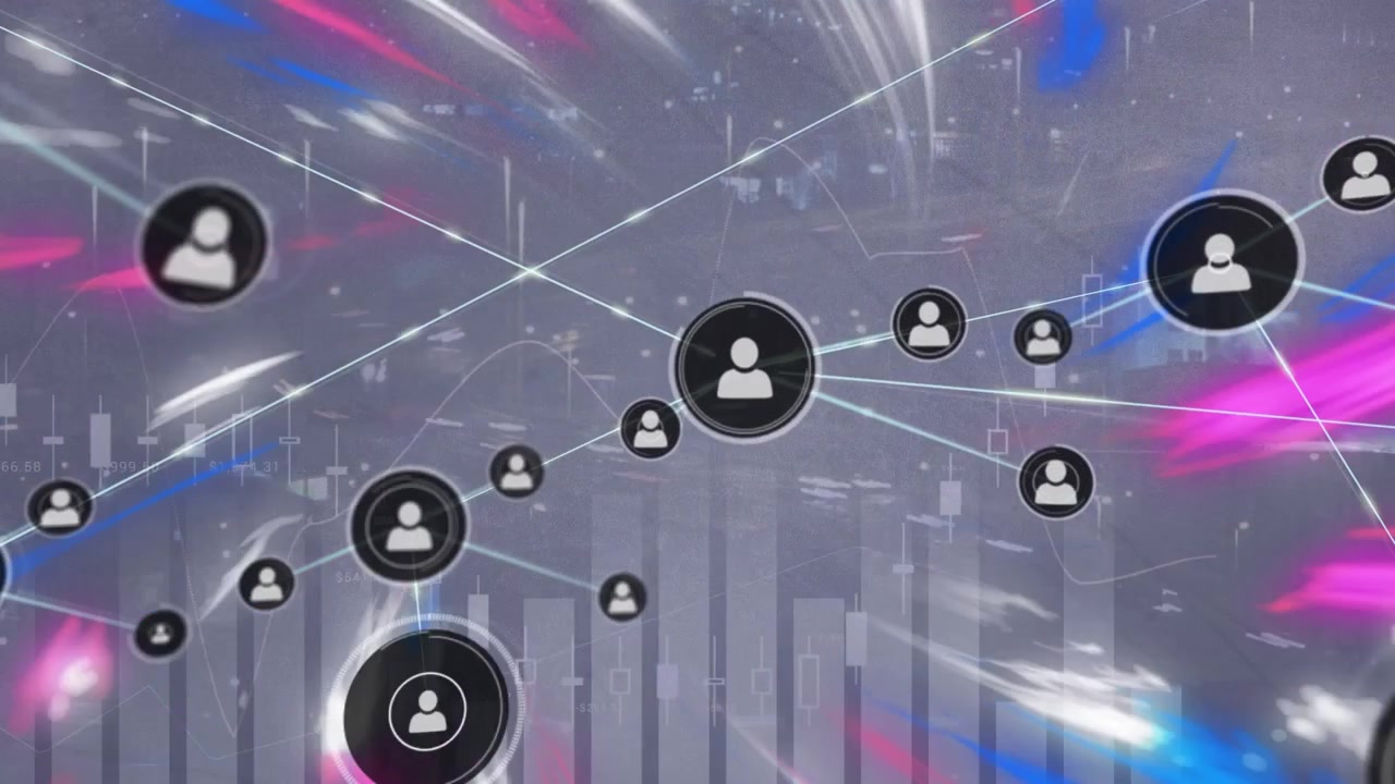 Animation of network of connections with icons over lights and traffic light