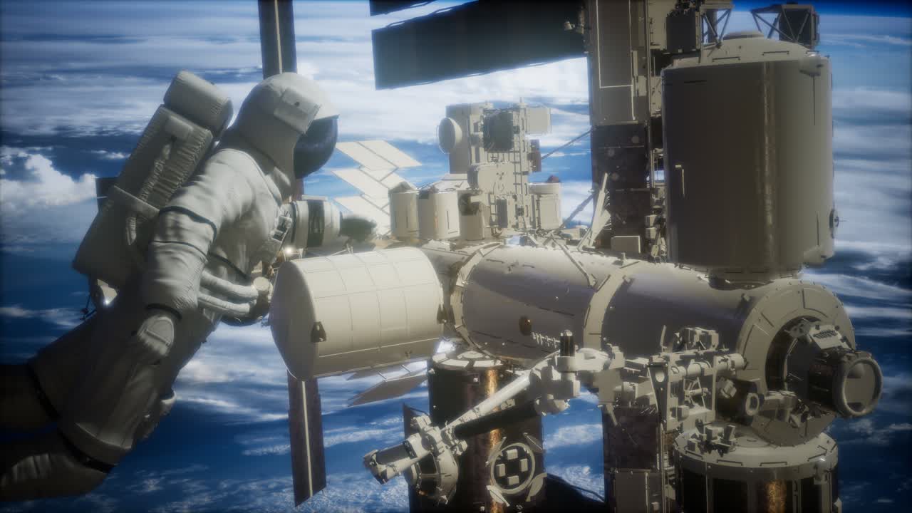 International Space Station and astronaut in outer space over the planet Earth