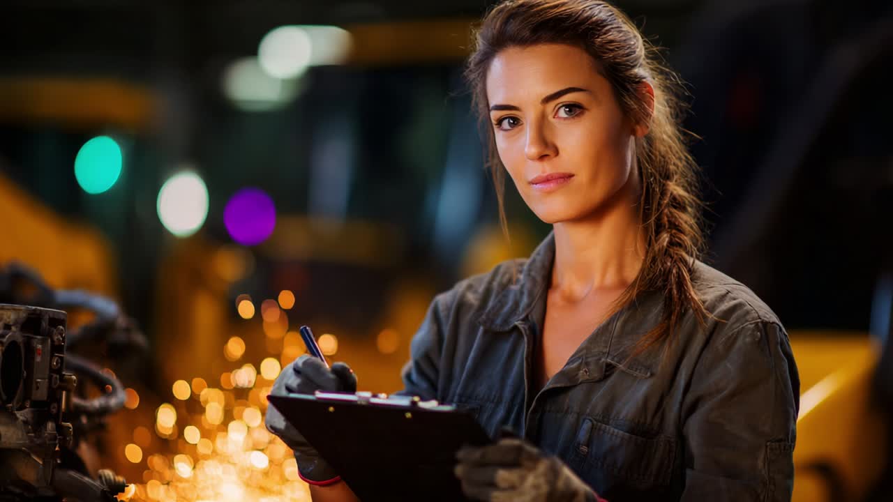 Dedicated female technician working in a dynamic workshop environment, focused on her tasks, surrounded by machinery and sparks, showcasing strength and professionalism in her craft