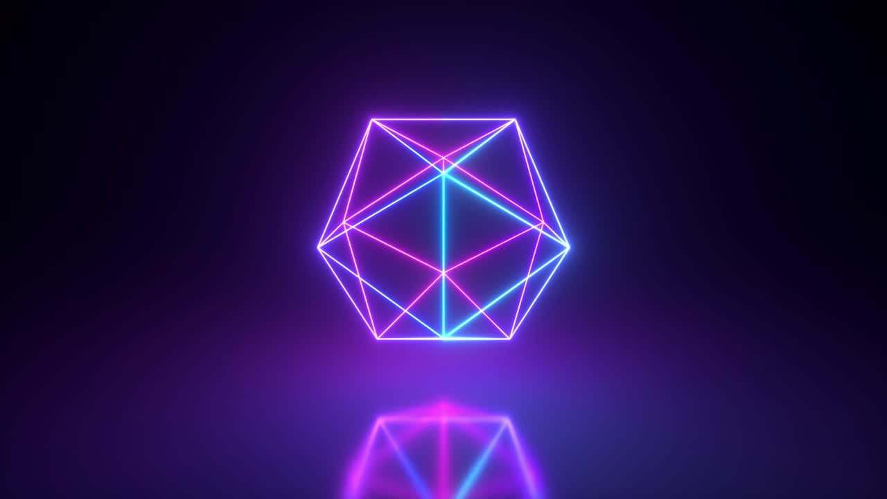추상적인 네온 다각형 회전 모양, 현대 자외선 색 스트럼 빛, 원활한 루프 3d 렌더링