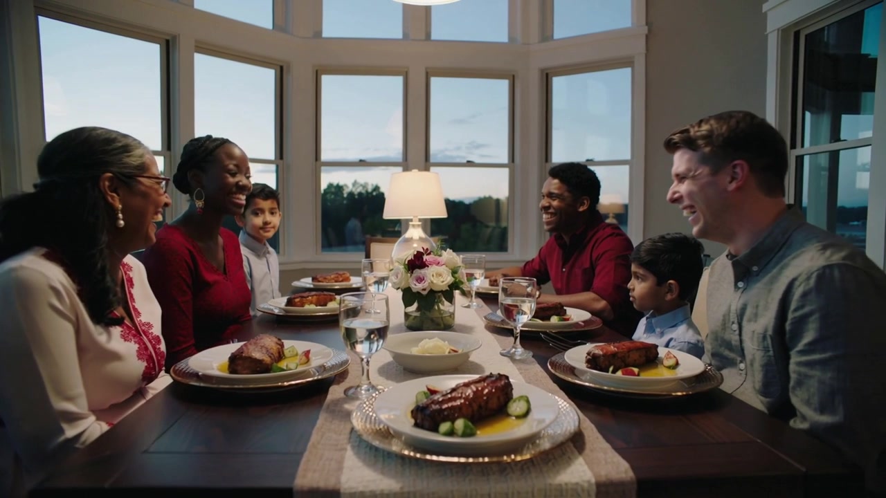 Laughing family exchanging looks and smiles, reacting in burgundy grey in dining room with meals