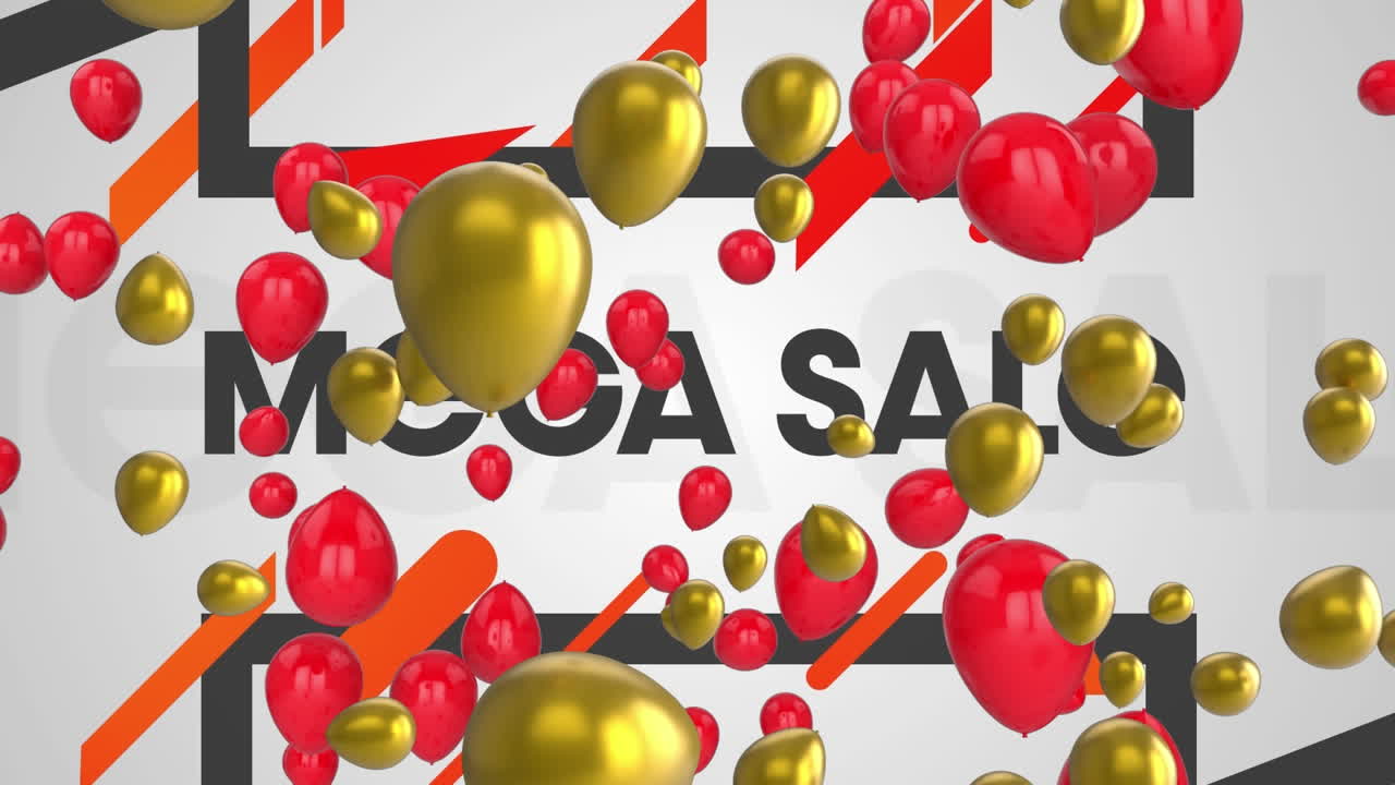 animación de globos rojos y dorados con texto de mega venta, forma geométrica sobre fondo abstracto