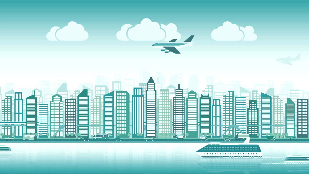 Skyline della città con traffico di vari veicoli (treno, aereo, auto, nave) in stile piatto, paesaggio urbano, loop continuo.
