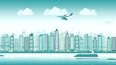 city skyline with traffic of various vehicles train airplane car ship in flat style, cityscape, seamless loop