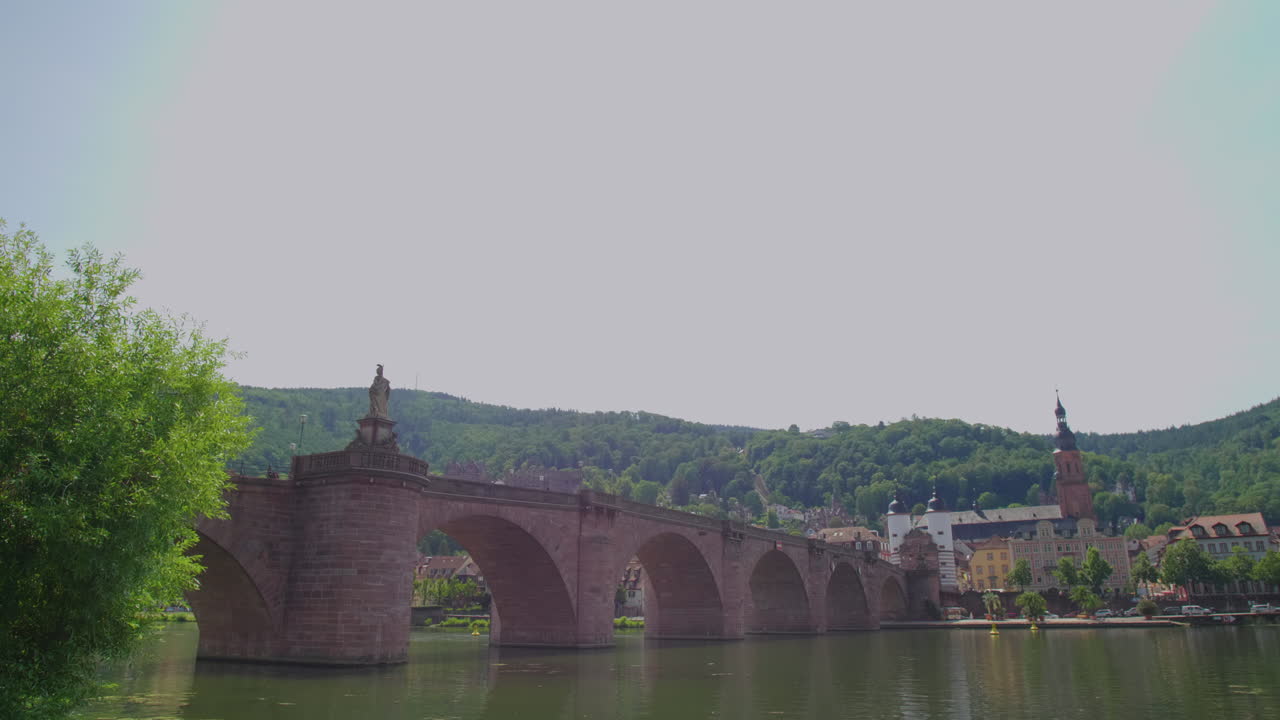 Heidelberg view of Karl-Theodor-Br&uuml;cke bridge with Heiliggeistkirche, river neckar, Br&uuml;ckentor, Bridge gate on a sunny day