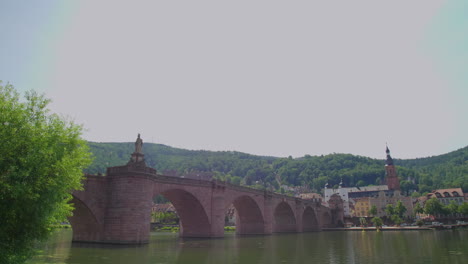 Heidelberg-view-of-Karl-Theodor-Brücke-bridge-with-Heiliggeistkirche,-river-neckar,-Brückentor,-Bridge-gate-on-a-sunny-day