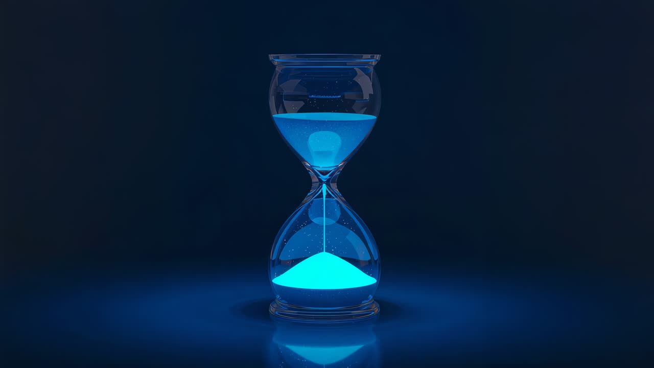 Transparent hourglass streaming glowing blue sand in studio at start, marking time passage