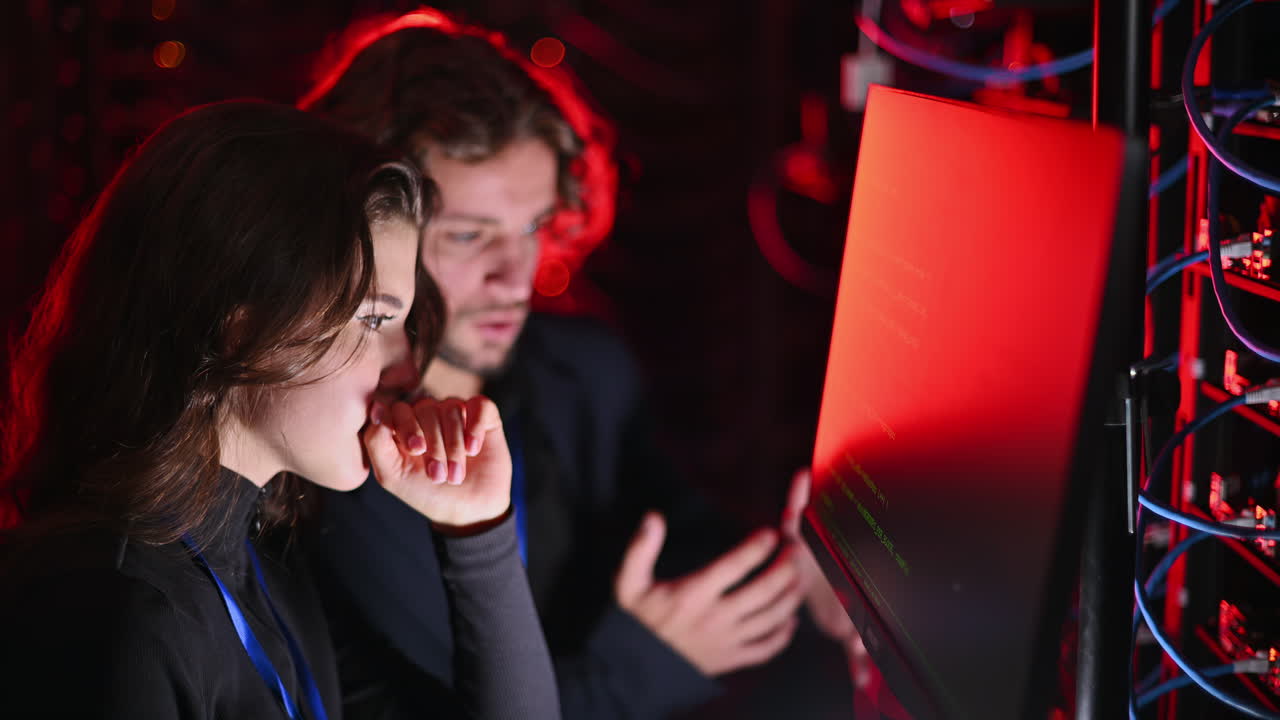 A man and a woman trying to fix an error in a server room with flashing red lights