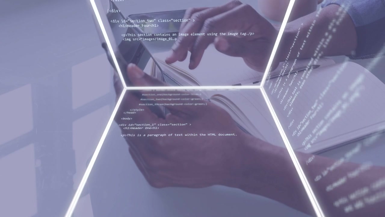 Man tapping phone and typing laptop at desk, activating holographic code cube for software review