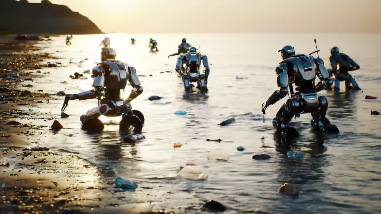 Advanced robots work together at sunset to collect plastic waste along a beautiful shoreline. This innovative approach highlights the use of technology for environmental preservation.