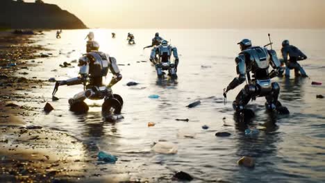 advanced robots work together at sunset to collect plastic waste along a beautiful shoreline. this innovative approach highlights the use of technology for environmental preservation.