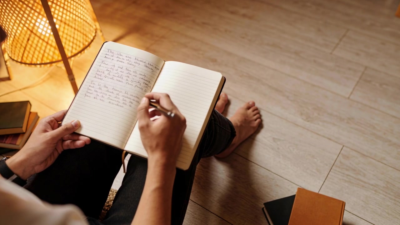 Scrittura, penna che tocca la pagina, scrittore che indossa una maglietta chiara e pantaloni scuri mentre riempie un quaderno su piastrelle vicino a una lampada.