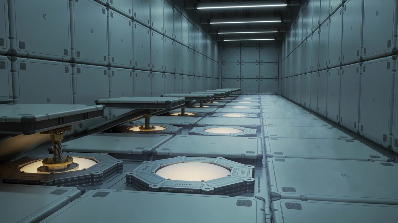 Futuristic Corridor Floor Panels Opening to Reveal Glowing Lights