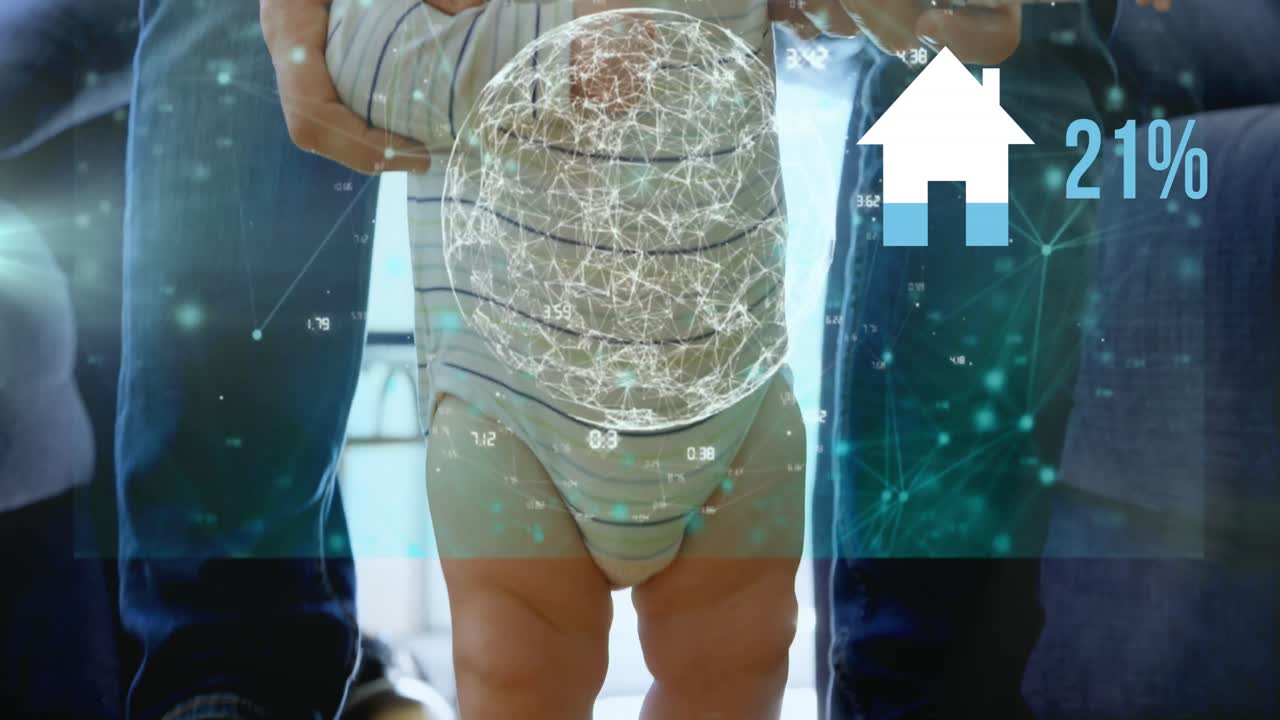 백인 아기와 함께 부모에 대한 데이터 처리의 애니메이션