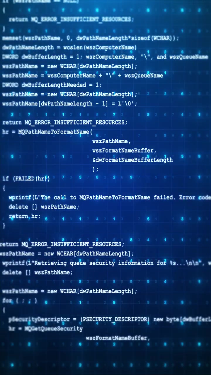 Digitální programovací maticový displej, modrý zdrojový kód, zářící číselné pole, mřížkové rozložení a technologie.