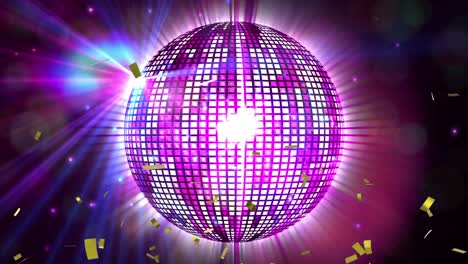 Golden-confetti-falling-over-shining-purple-disco-ball-against-spots-of-light-on-black-background