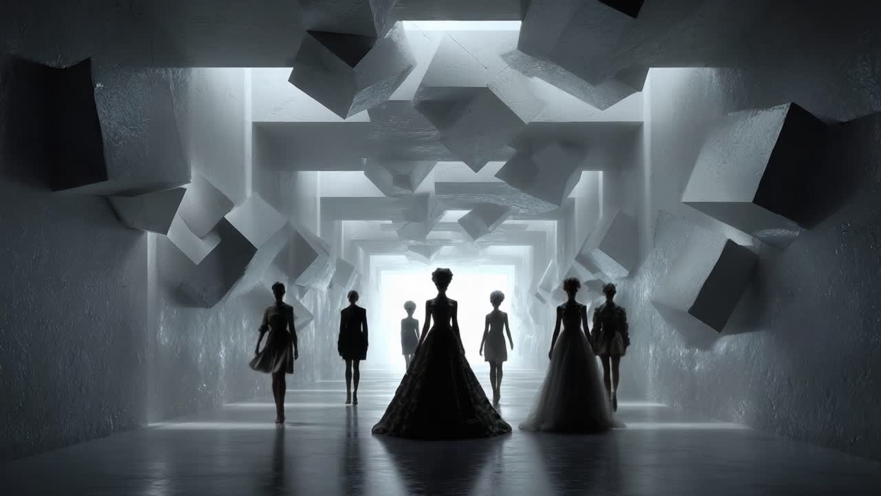 A striking fashion showcase featuring elegant silhouettes of models dressed in stunning designs, set against an abstract, futuristic backdrop of geometric shapes and dramatic lighting