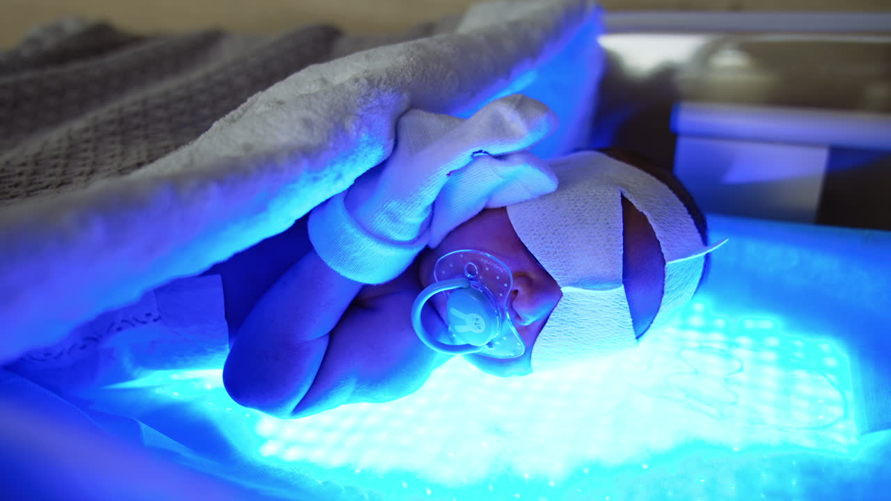 Tiny newborn in diaper and socks on hands lies on the UV lamp. Infant with pacifier and bandage on eyes is getting treatment from neonatal jaundice. Close up.