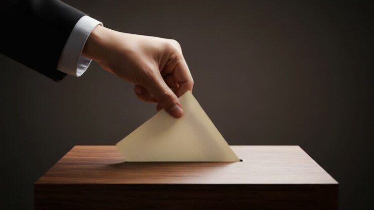 Espressione del voto: Una mano che inserisce una scheda in un'urna di legno, catturando l'essenza della democrazia e della partecipazione civica in un processo elettorale.