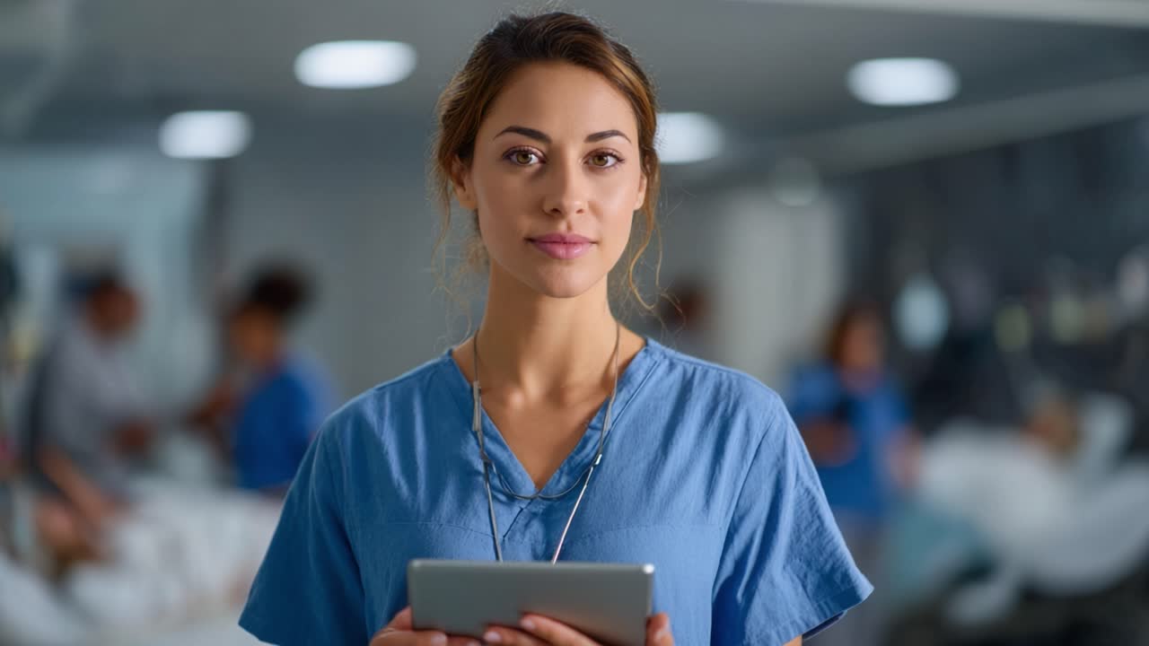 Selvsikker sundhedsprofessionel holder en tablet i et moderne hospitalsmiljø, der viser ekspertise og engagement i patientpleje og medicinsk teknologi