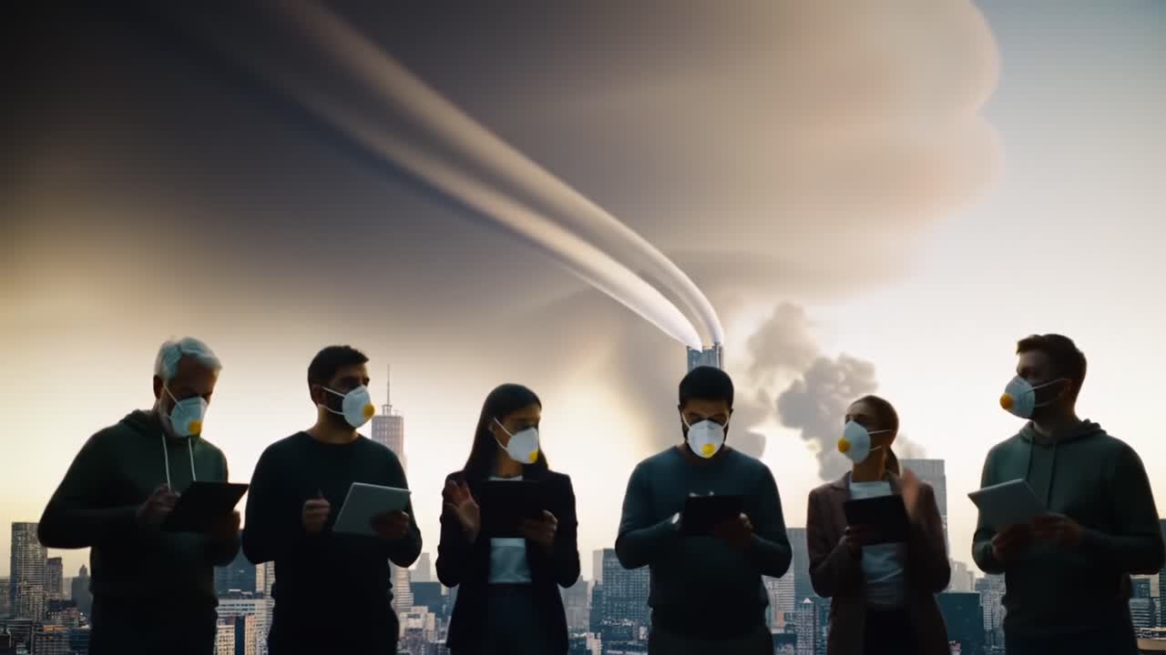 A Group of Individuals in Protective Masks Observing Dramatic Cloud Patterns and Urban Landscapes, Reflecting Concerns About Environmental Changes and Air Quality