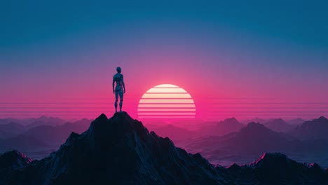 A Cinematic View of a Futuristic Figure Gazing at an Enormous Neon Sunset Over a Majestic Mountain Range, Blending Science Fiction with Natural Beauty