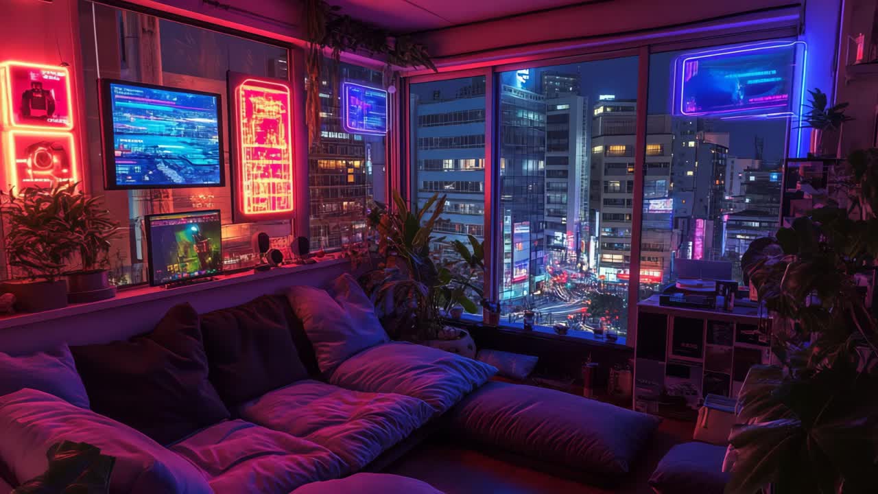 Cyberpunk Cozy Room with City View