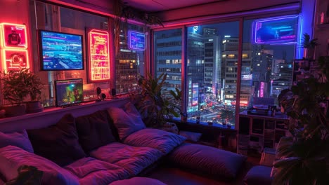 cyberpunk cozy room with city view