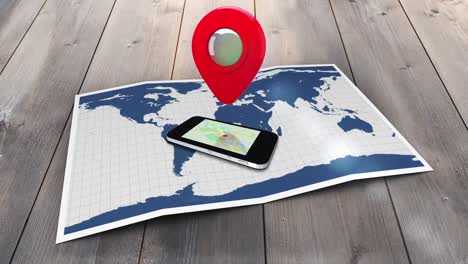marcador rojo apuntando a un móvil en un mapa del mundo con destello de lente