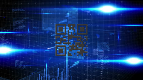 Digital animation of neon qr code against spots of light and data processing on blue background