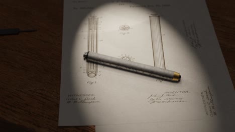 3D-animation-of-an-old-fashioned-pen-sitting-ontop-of-engineering-drawings