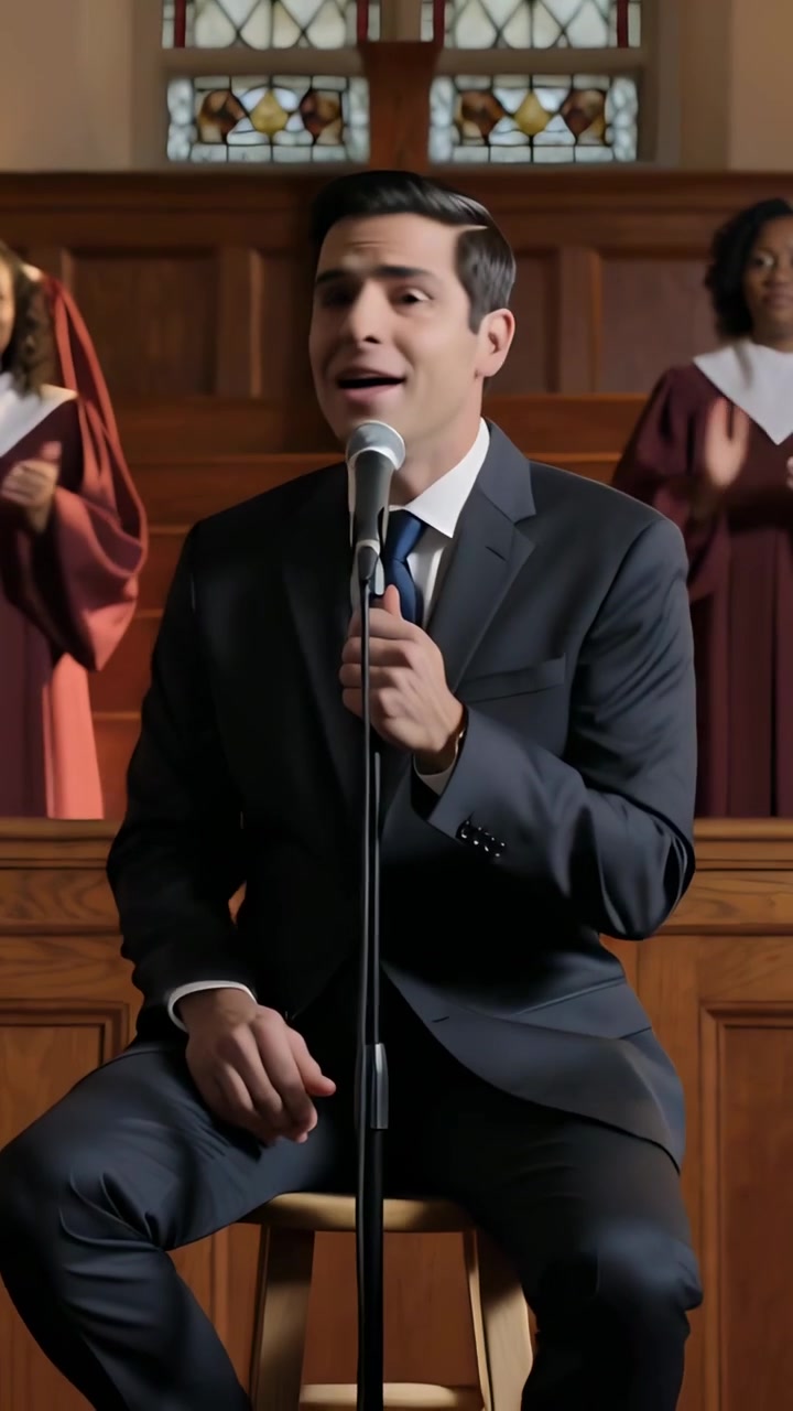 Video verticale: Inclinazione della telecamera che rivela un cantante in abito da chiesa con microfono che canta, mentre il coro applaude.