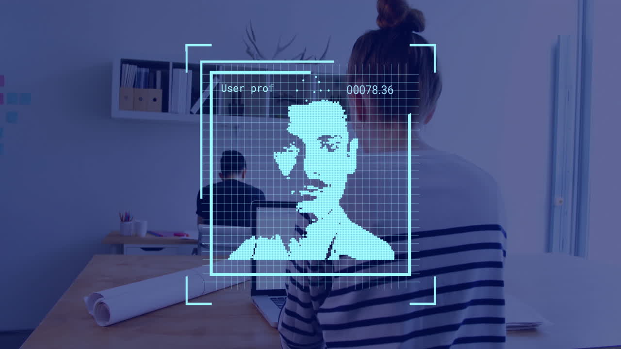 animación de reconocimiento facial sobre personas que trabajan en oficinas modernas