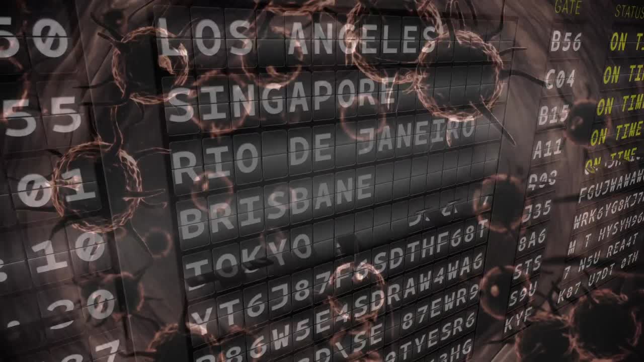 목적지와 함께 출발 보드에 퍼지는 거대 코로나바이러스 코로나19 세포의 애니메이션