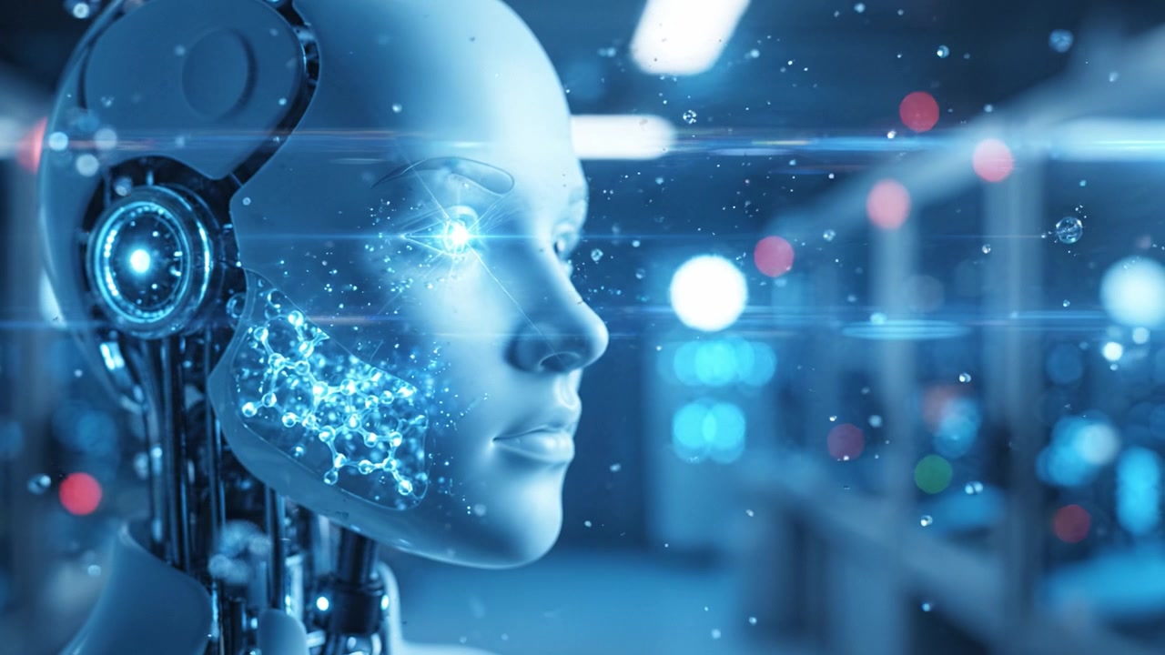 A Futuristic Robot with Translucent Skin and Advanced Technology Features, Capturing the Essence of Artificial Intelligence and Innovation in a High-Tech Environment.