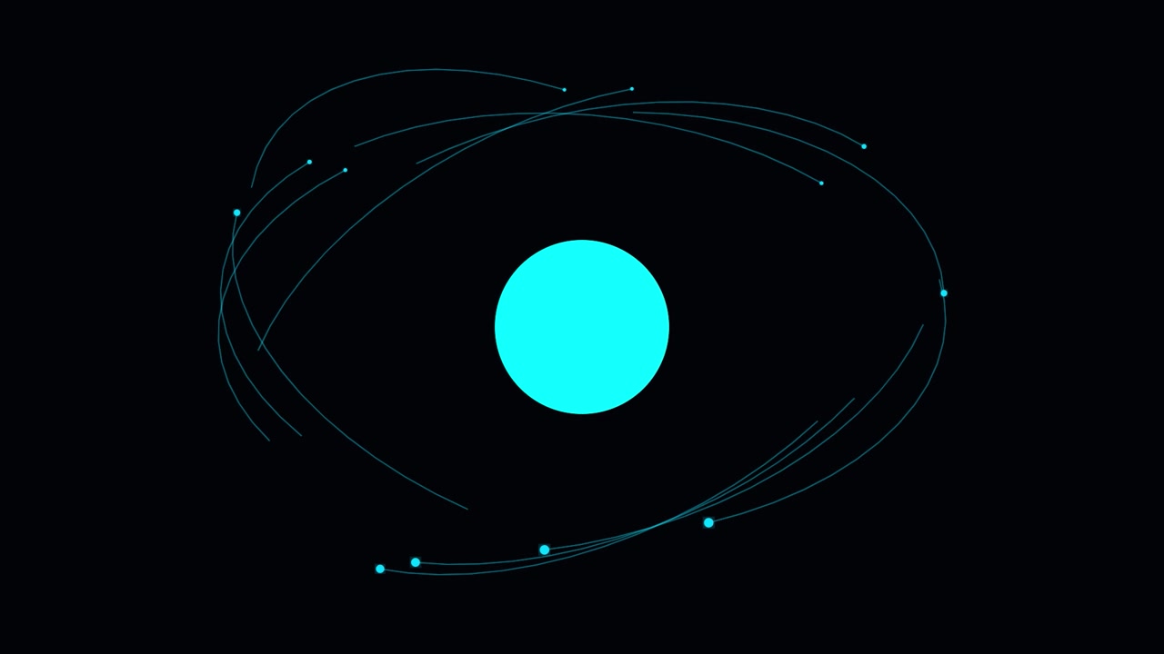 Animazione astratta di particelle luminose che orbitano attorno a una sfera centrale