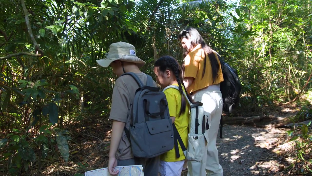 Sebuah keluarga mengenakan ransel dan topi matahari menjelajahi jalur hutan lebat di bawah sinar matahari yang cerah.
