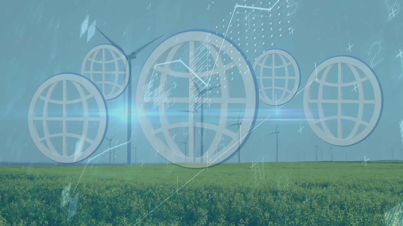 Globe icon floating over flowering field with wind turbines, displaying data charts in flat design