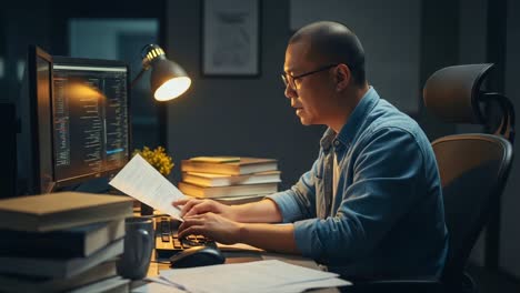 focused individual working late at night analyzing data on computer screen surrounded by books and papers in a dimly lit office environment
