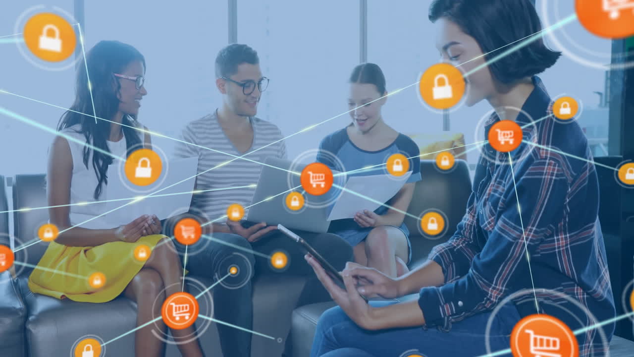 다양한 동료들이 작업에 대해 논의하는 아이콘을 가진 연결 네트워크의 애니메이션