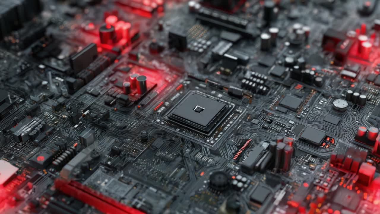 Exploring the Intricate Design of a Modern Circuit Board with Advanced Components and a High-Tech Aesthetic Highlighted by Glowing Red Accents
