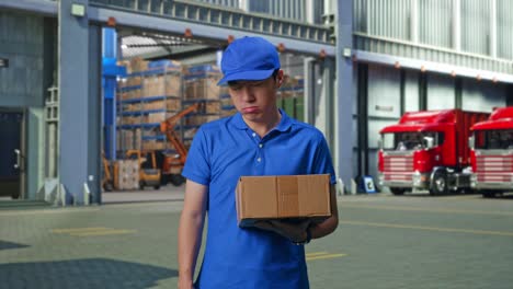 tired asian male courier in blue uniform shaking his head while delivering a carton, outside of logistics distributions warehouse