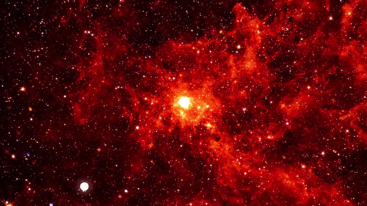Avaruusmatka hehkuva punainen oranssi sumu Linnunradan pilvi syvässä avaruudessa. 4K 3D saumaton silmukoitu Sci-Fi avaruuslento hehkuvaan energia-kaasu-pölypilvisumuun. Galaksin tähtitieteellinen tutkimus.