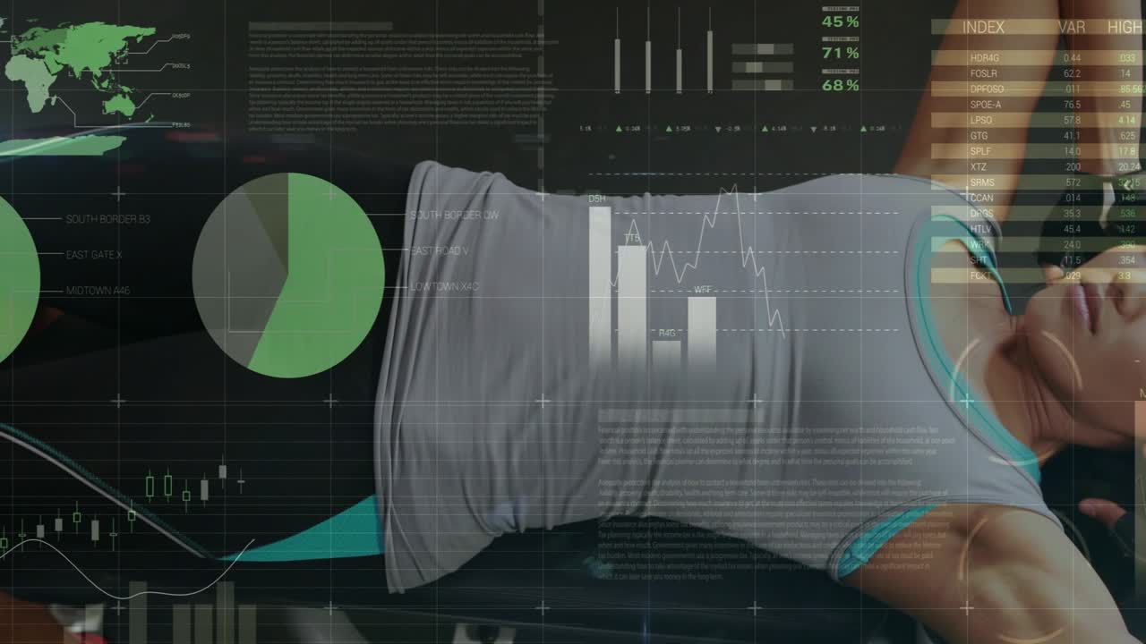 Woman lying back starting fitness crunches on incline bench while HUD overlays updating metrics